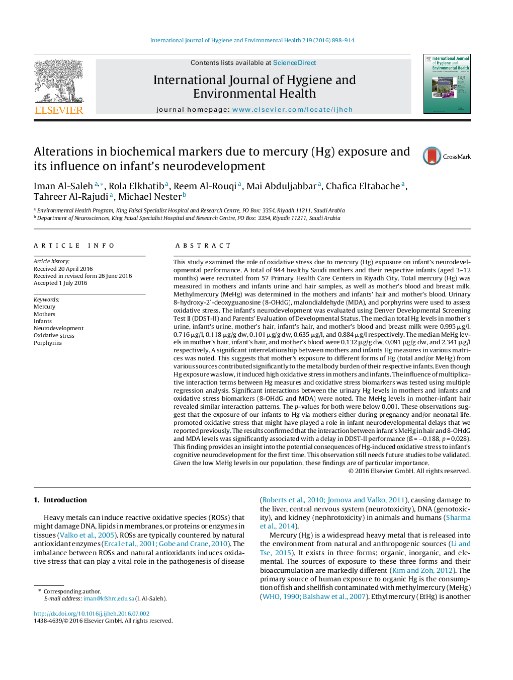 Alterations in biochemical markers due to mercury (Hg) exposure and its influence on infant's neurodevelopment