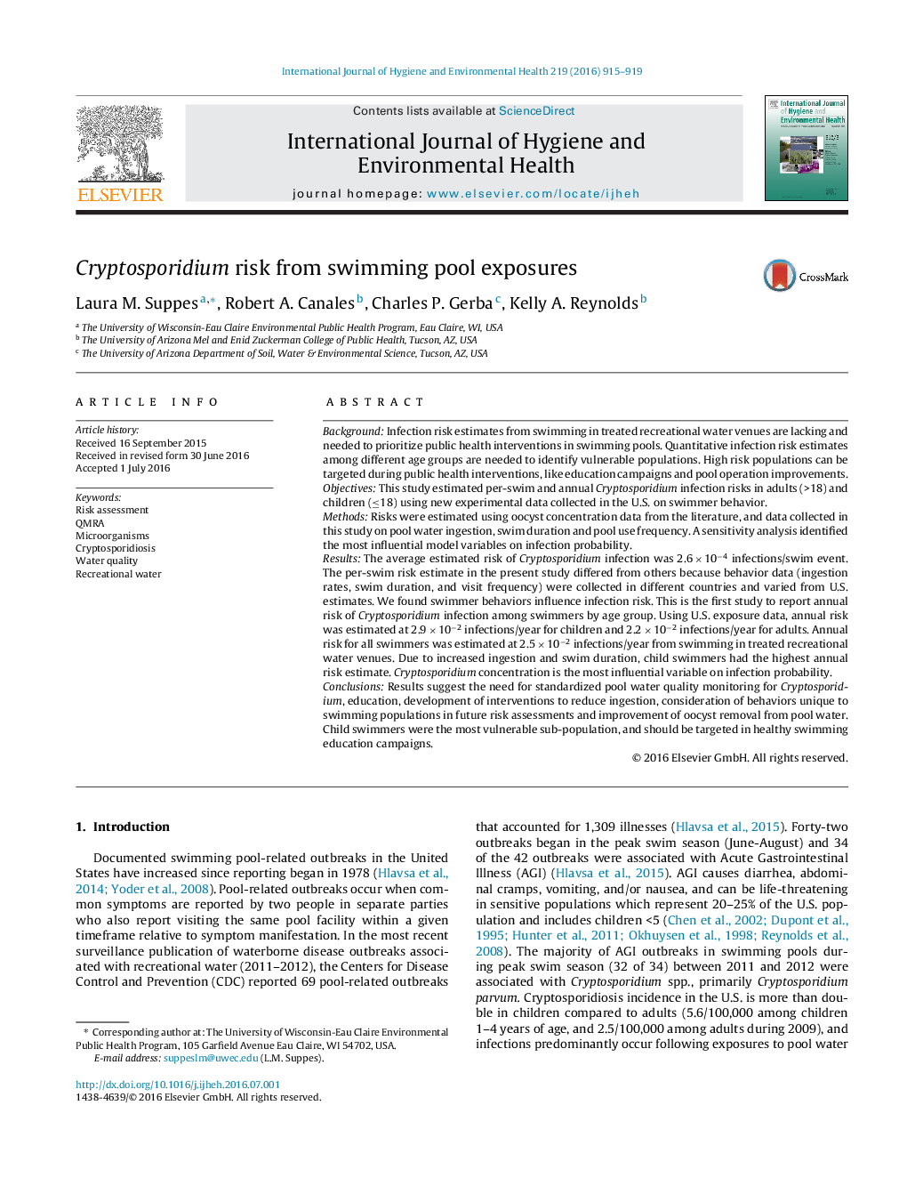 Cryptosporidium risk from swimming pool exposures