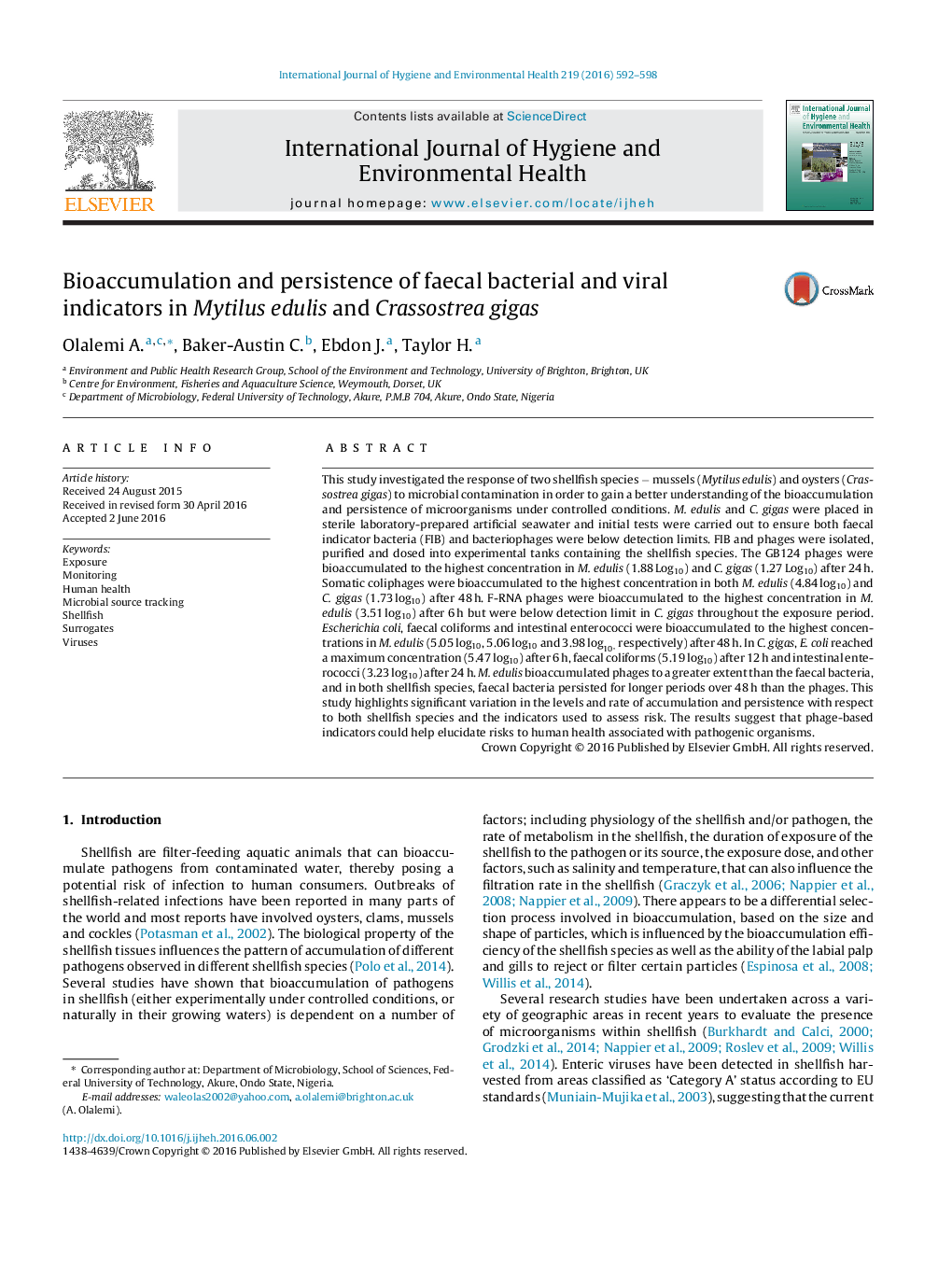 Bioaccumulation and persistence of faecal bacterial and viral indicators in Mytilus edulis and Crassostrea gigas