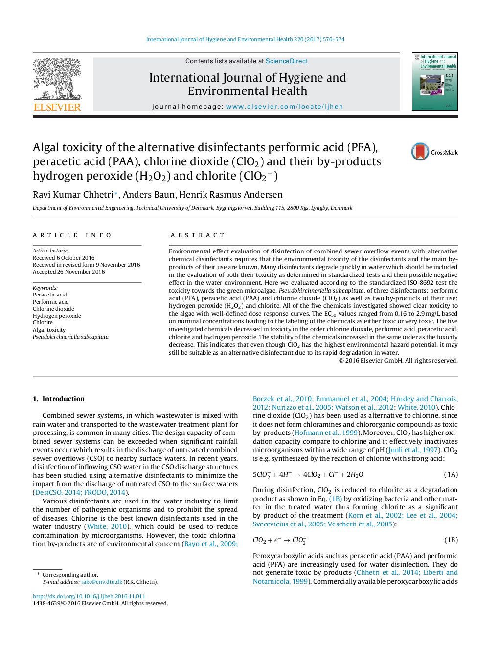 Algal toxicity of the alternative disinfectants performic acid (PFA), peracetic acid (PAA), chlorine dioxide (ClO2) and their by-products hydrogen peroxide (H2O2) and chlorite (ClO2â)