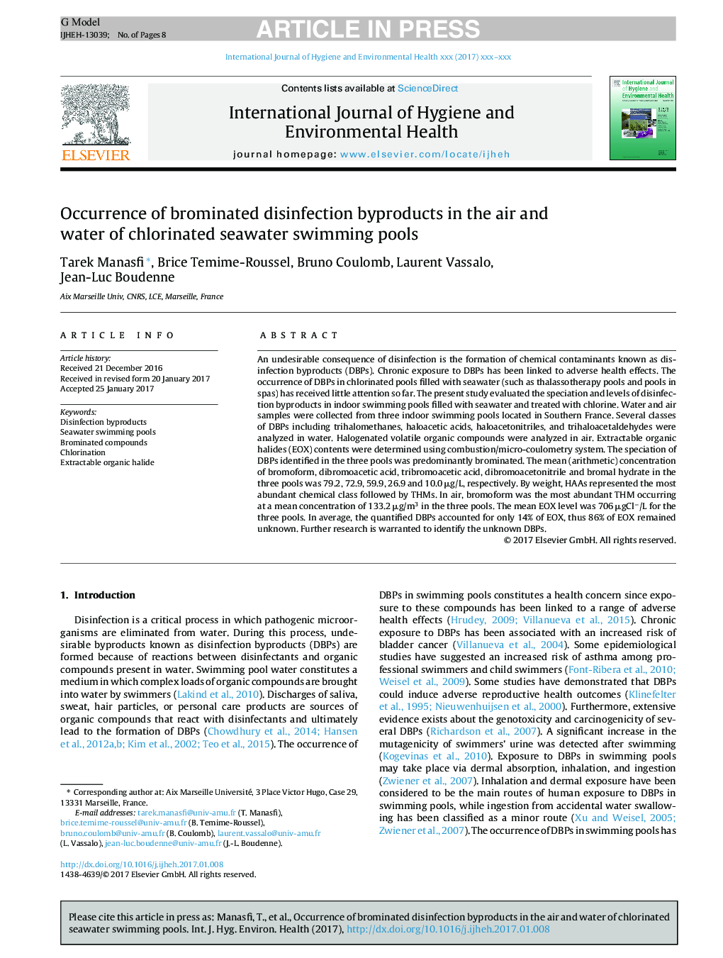 Occurrence of brominated disinfection byproducts in the air and water of chlorinated seawater swimming pools