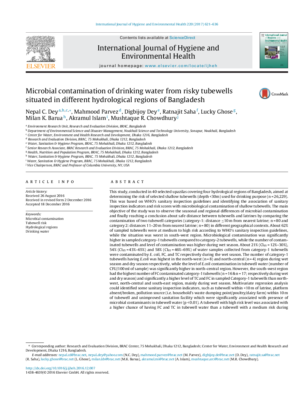 Microbial contamination of drinking water from risky tubewells situated in different hydrological regions of Bangladesh