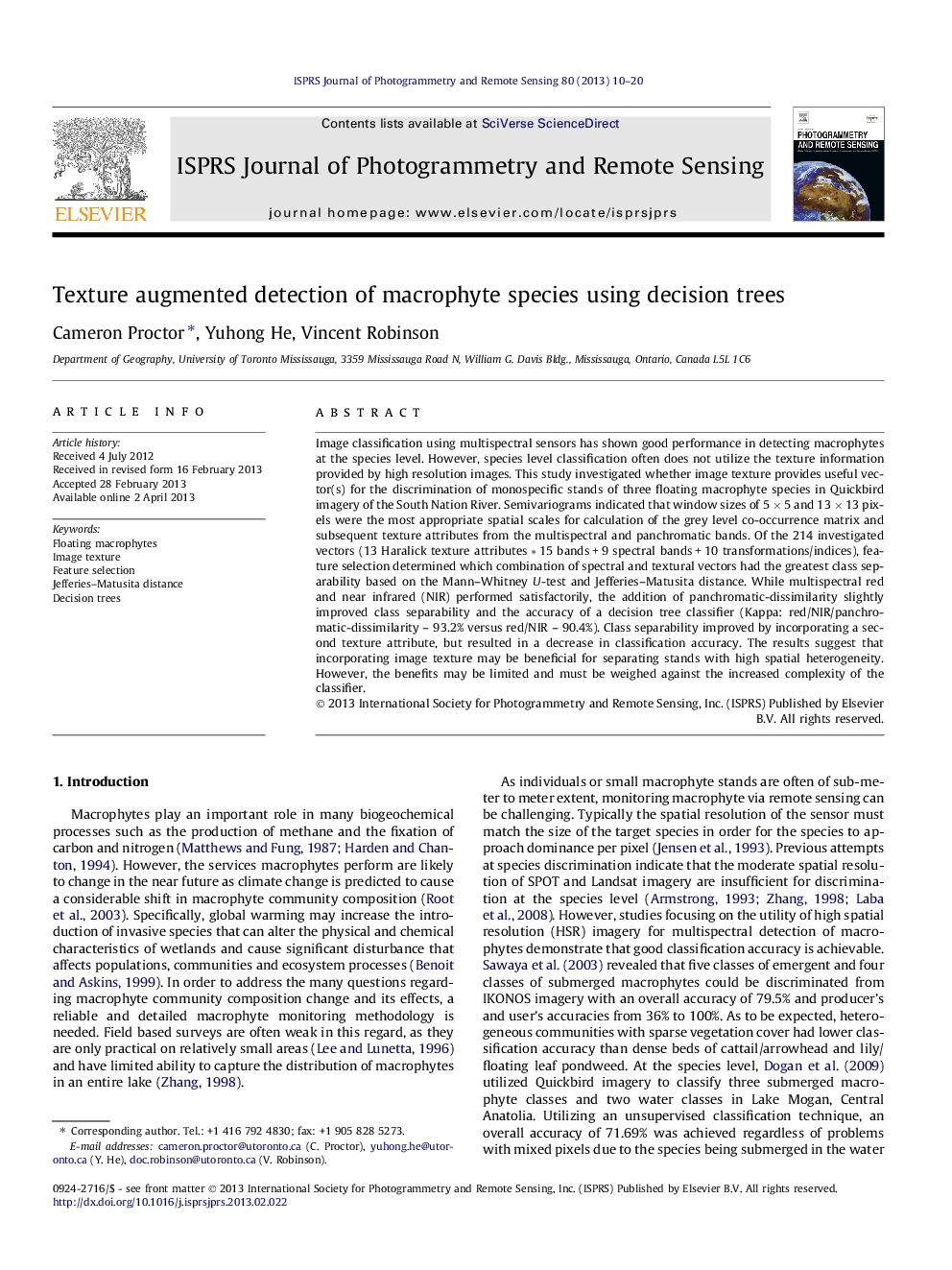 Texture augmented detection of macrophyte species using decision trees