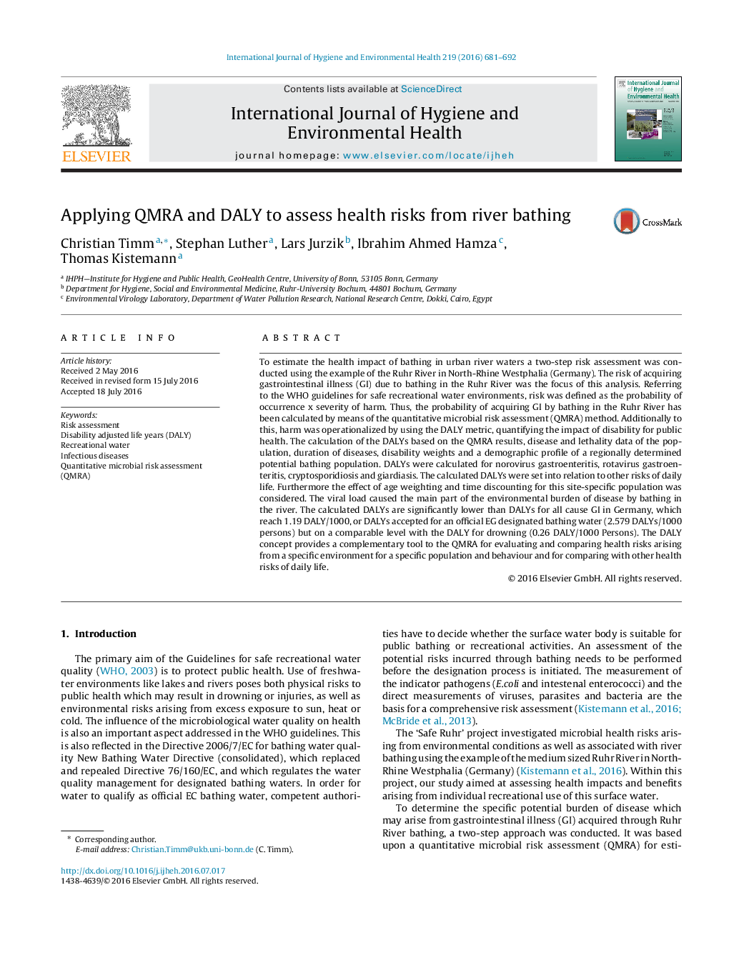 Applying QMRA and DALY to assess health risks from river bathing