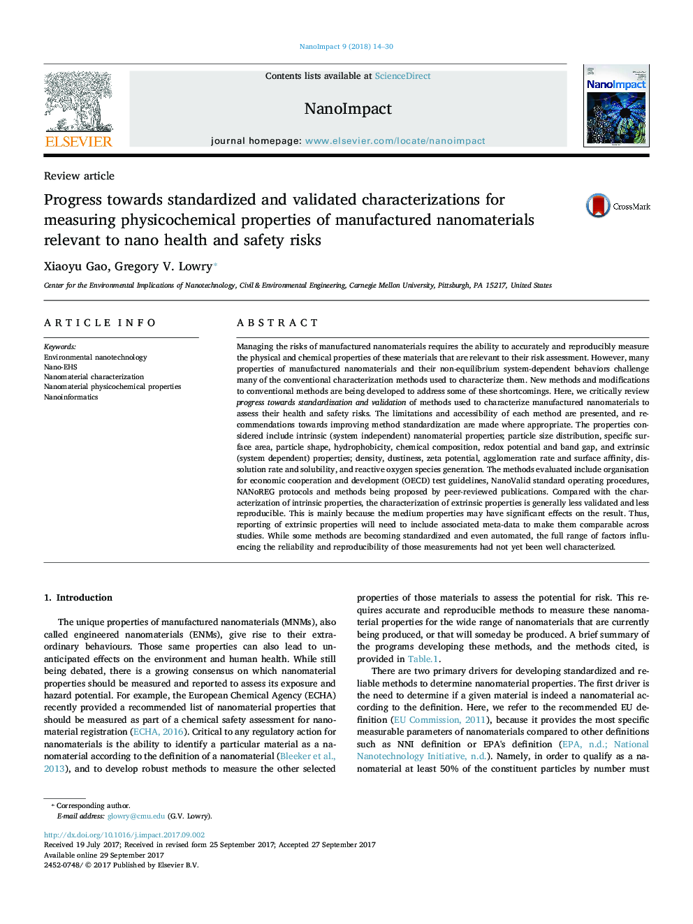 Progress towards standardized and validated characterizations for measuring physicochemical properties of manufactured nanomaterials relevant to nano health and safety risks
