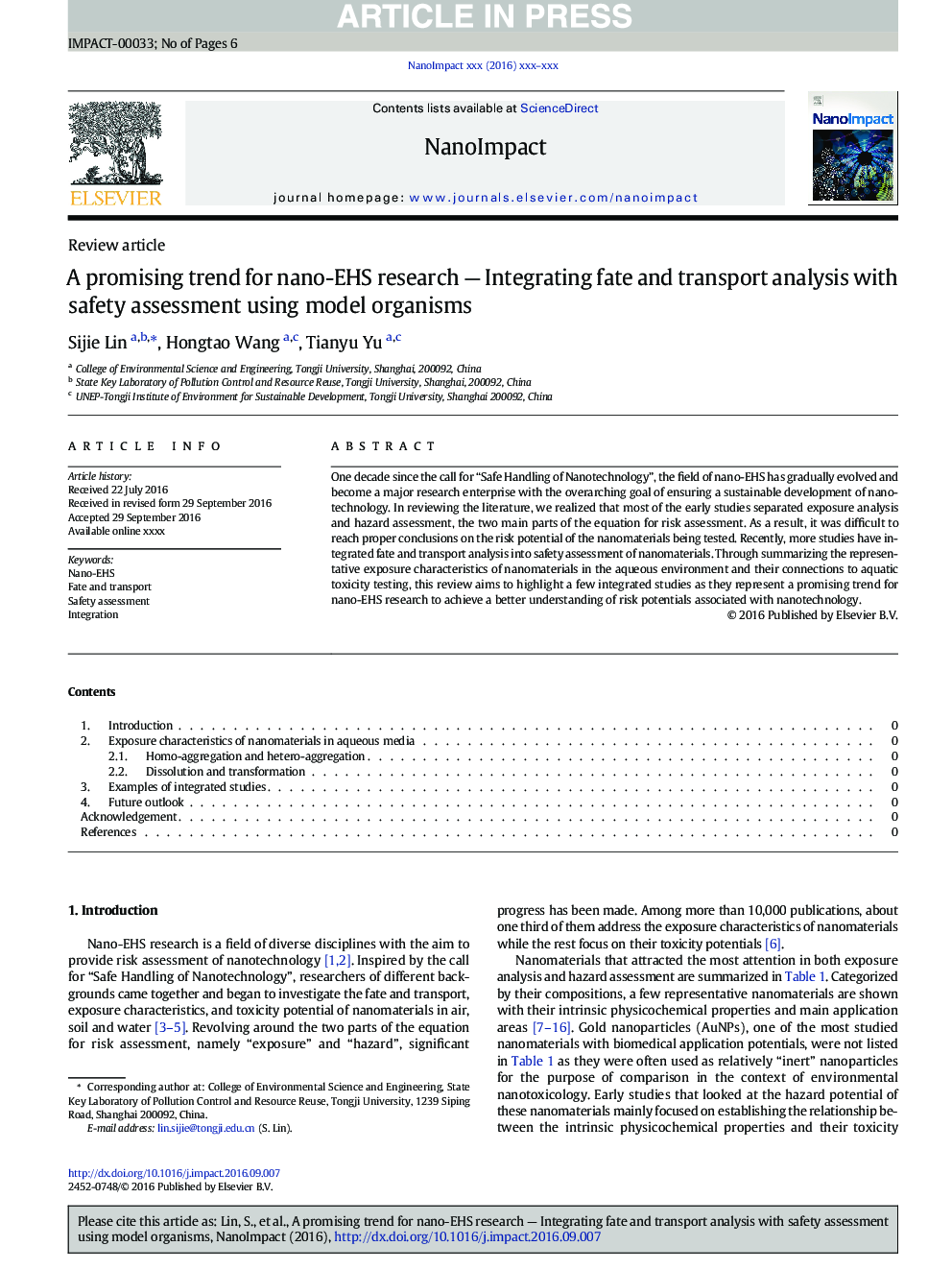 A promising trend for nano-EHS research - Integrating fate and transport analysis with safety assessment using model organisms