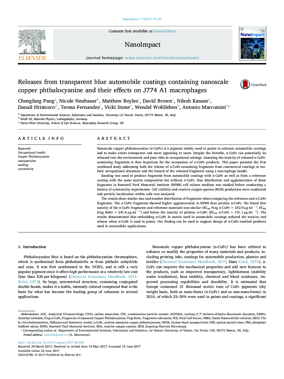 Releases from transparent blue automobile coatings containing nanoscale copper phthalocyanine and their effects on J774 A1 macrophages