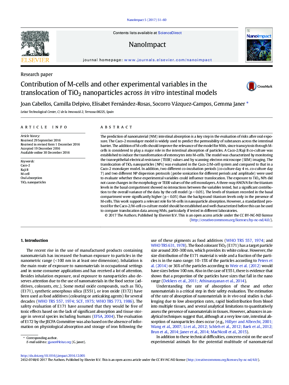 Contribution of M-cells and other experimental variables in the translocation of TiO2 nanoparticles across in vitro intestinal models