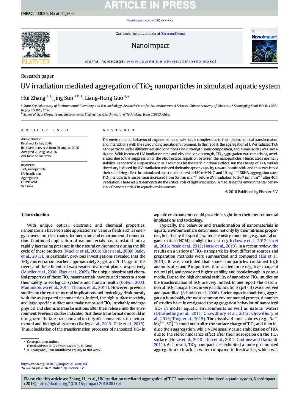 UV irradiation mediated aggregation of TiO2 nanoparticles in simulated aquatic system