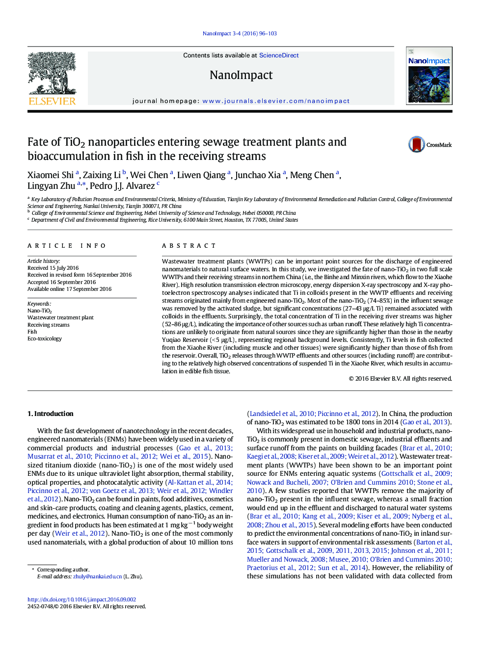 Fate of TiO2 nanoparticles entering sewage treatment plants and bioaccumulation in fish in the receiving streams