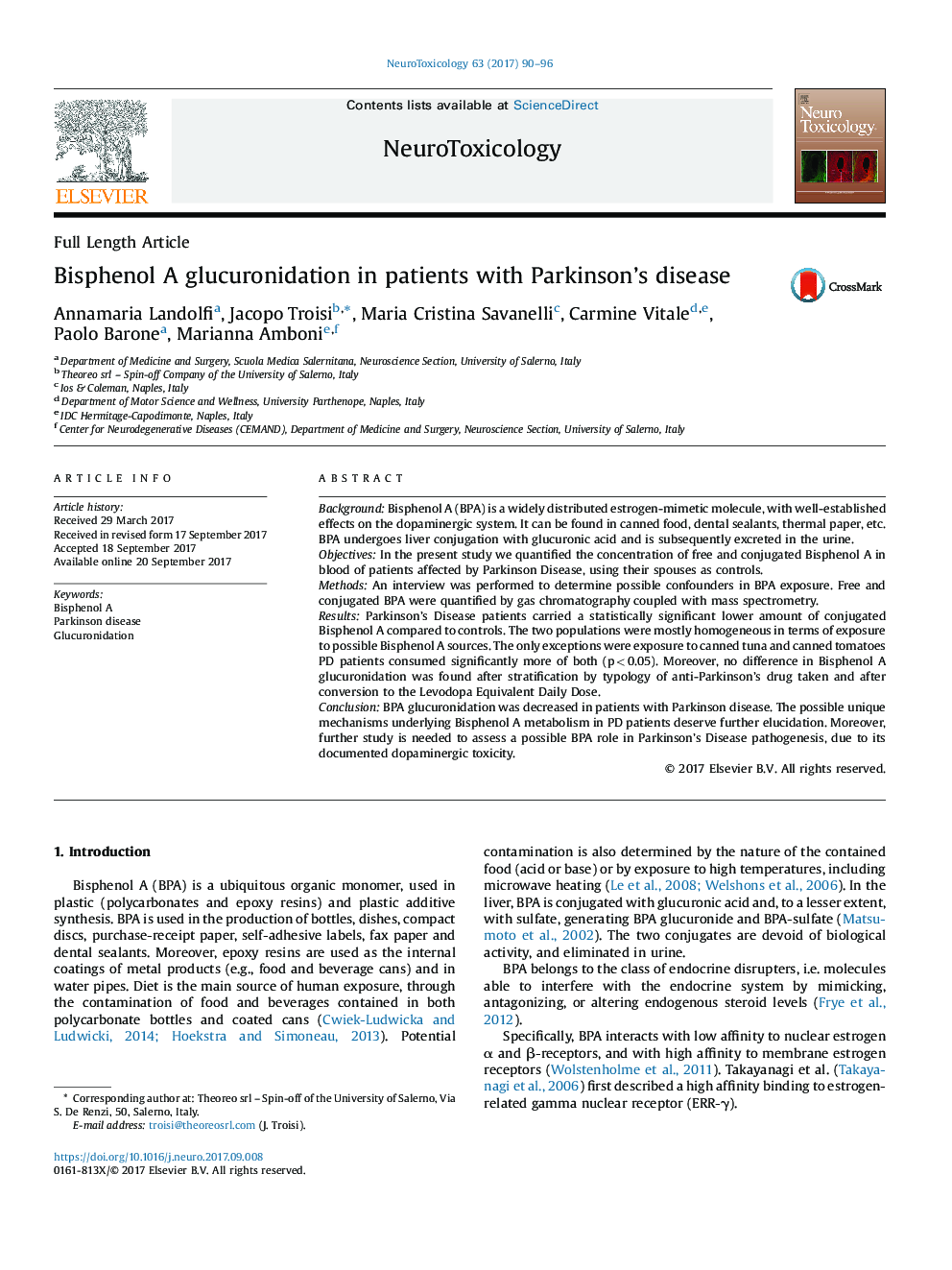 Bisphenol A glucuronidation in patients with Parkinson's disease