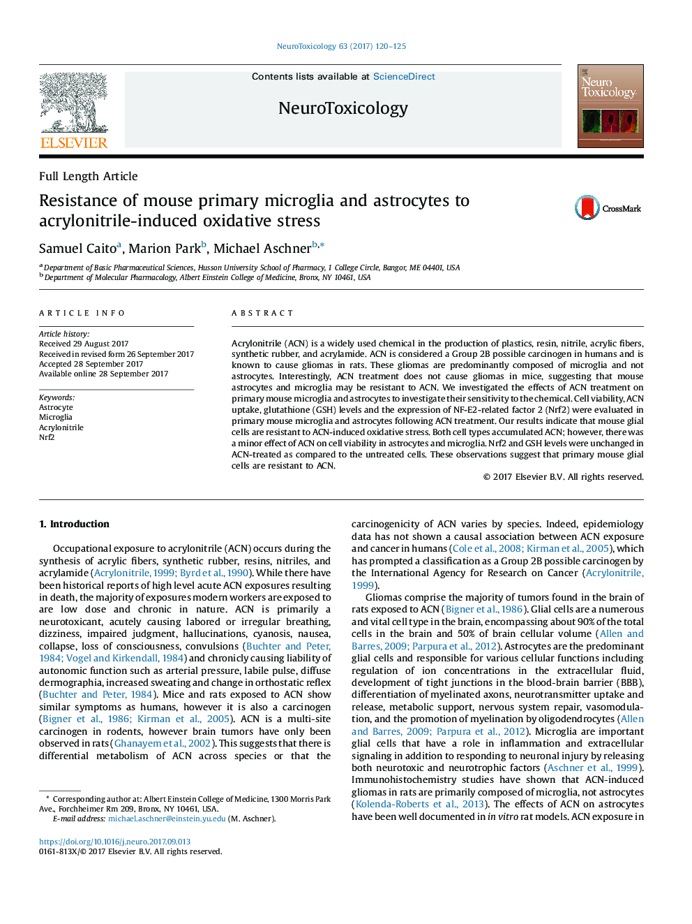 Resistance of mouse primary microglia and astrocytes to acrylonitrile-induced oxidative stress