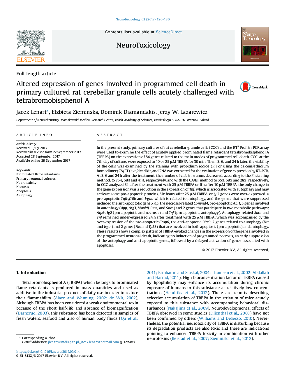 Altered expression of genes involved in programmed cell death in primary cultured rat cerebellar granule cells acutely challenged with tetrabromobisphenol A