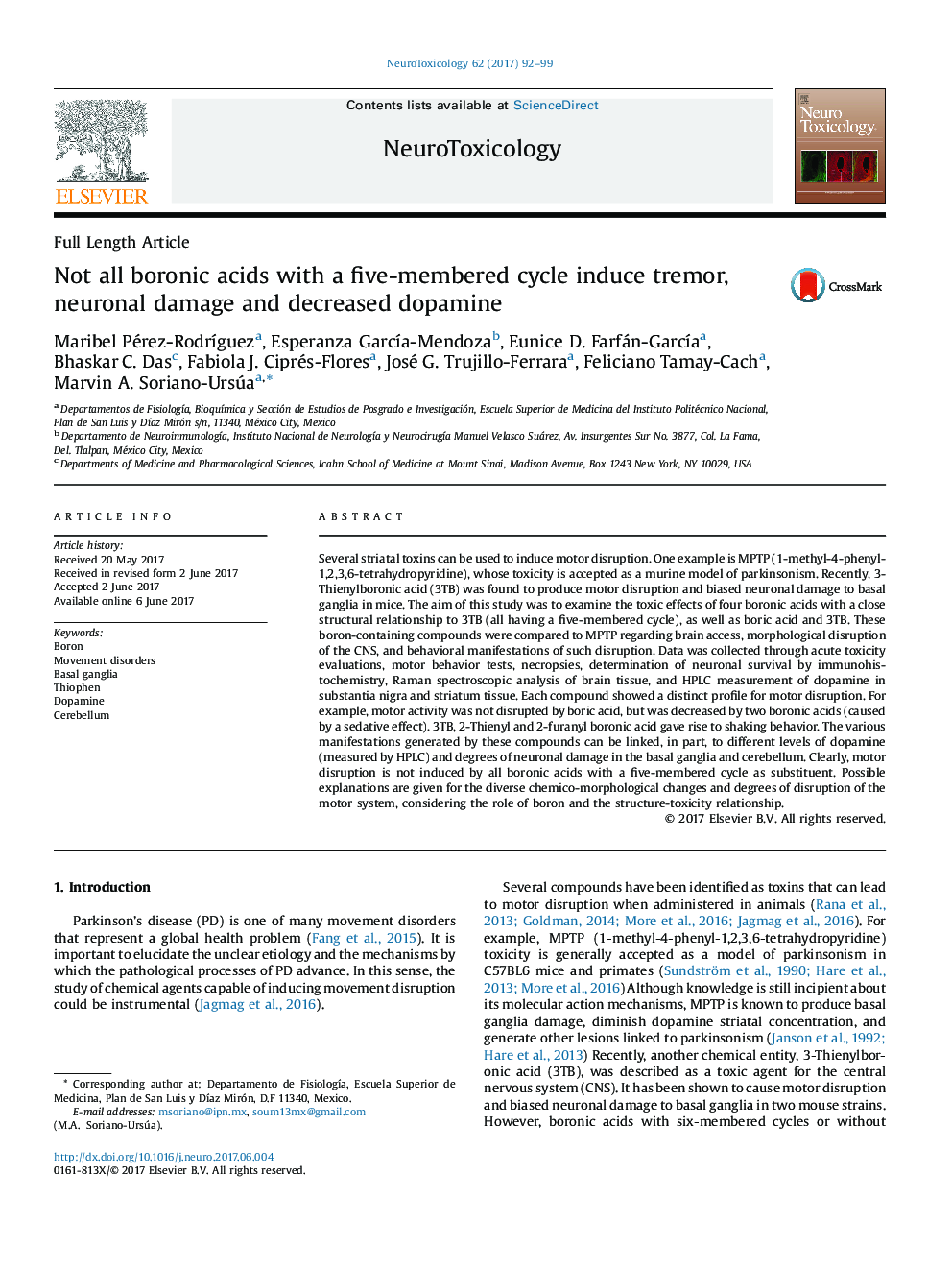 Not all boronic acids with a five-membered cycle induce tremor, neuronal damage and decreased dopamine