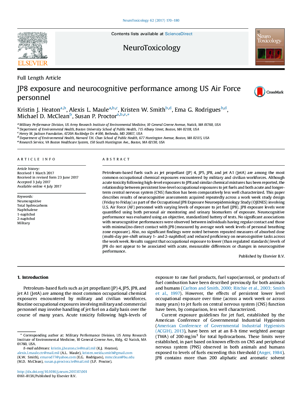 JP8 exposure and neurocognitive performance among US Air Force personnel