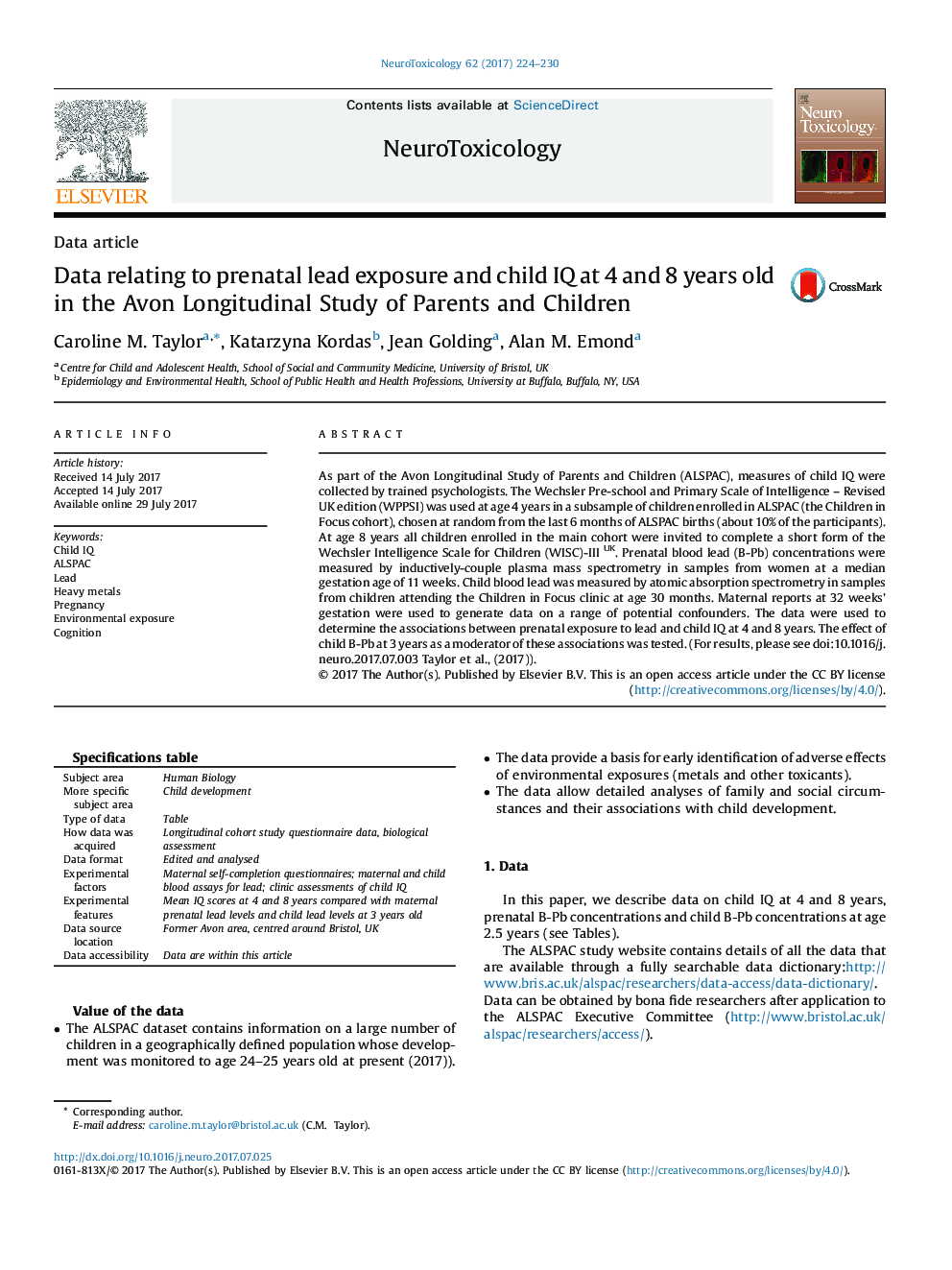 Data relating to prenatal lead exposure and child IQ at 4 and 8 years old in the Avon Longitudinal Study of Parents and Children