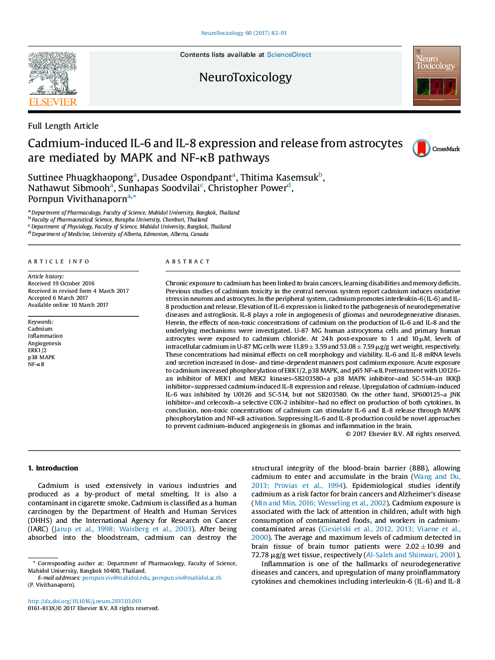 Cadmium-induced IL-6 and IL-8 expression and release from astrocytes are mediated by MAPK and NF-ÎºB pathways