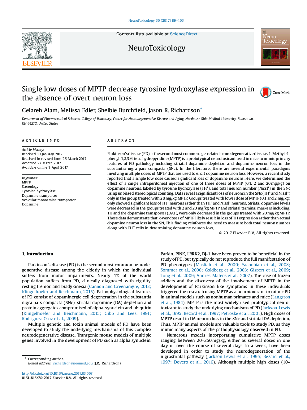 Single low doses of MPTP decrease tyrosine hydroxylase expression in the absence of overt neuron loss