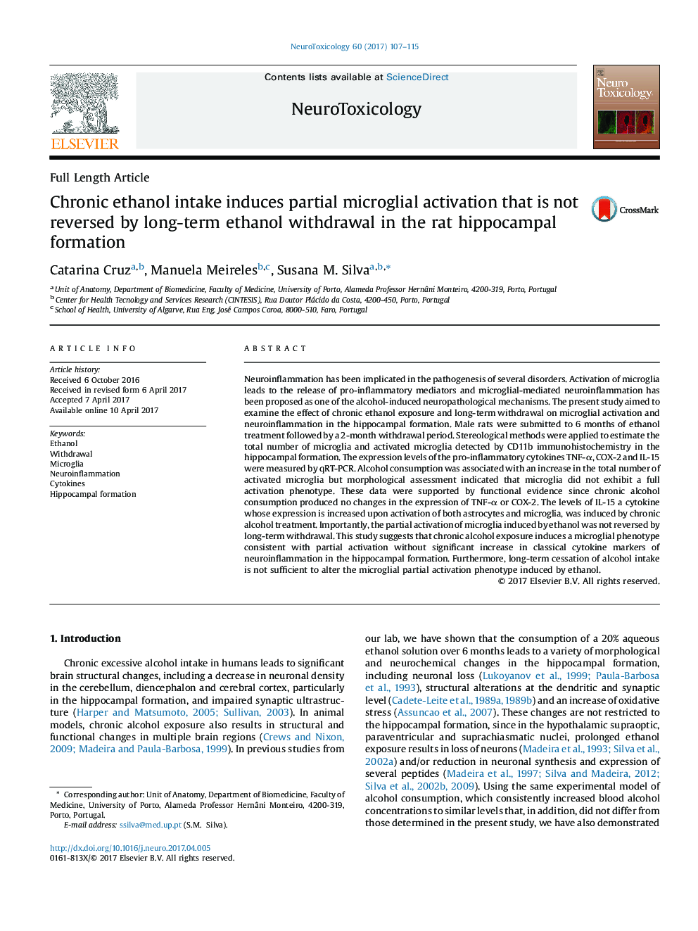 Chronic ethanol intake induces partial microglial activation that is not reversed by long-term ethanol withdrawal in the rat hippocampal formation