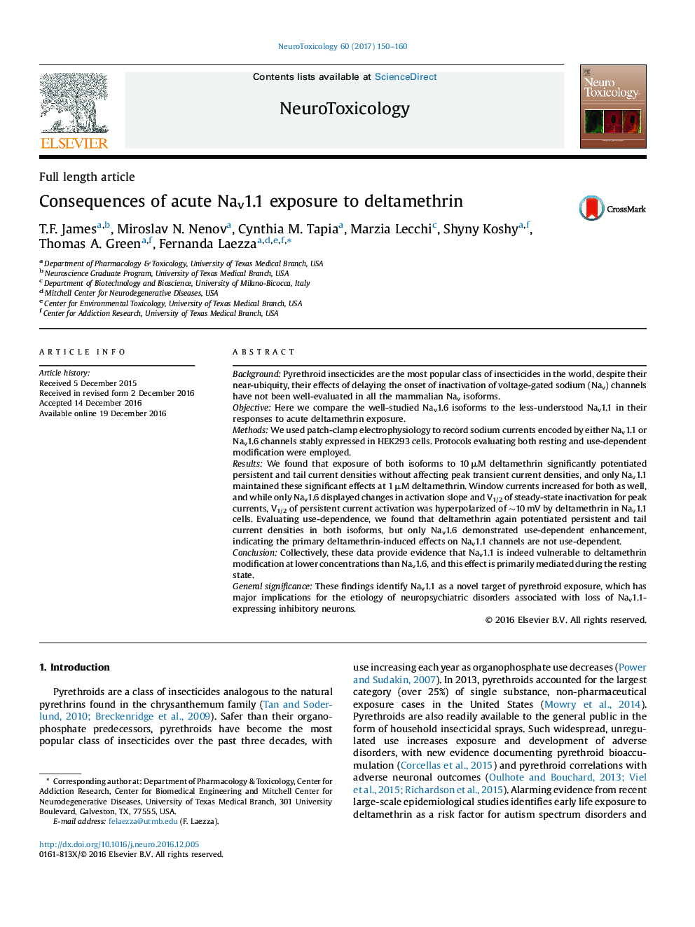 Consequences of acute Nav1.1 exposure to deltamethrin