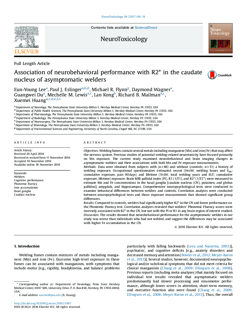 Association of neurobehavioral performance with R2* in the caudate nucleus of asymptomatic welders