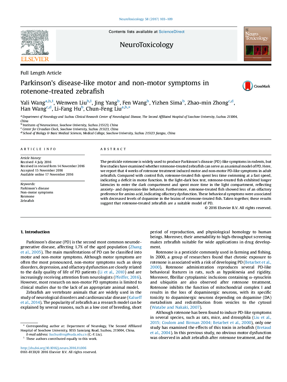 Parkinson's disease-like motor and non-motor symptoms in rotenone-treated zebrafish