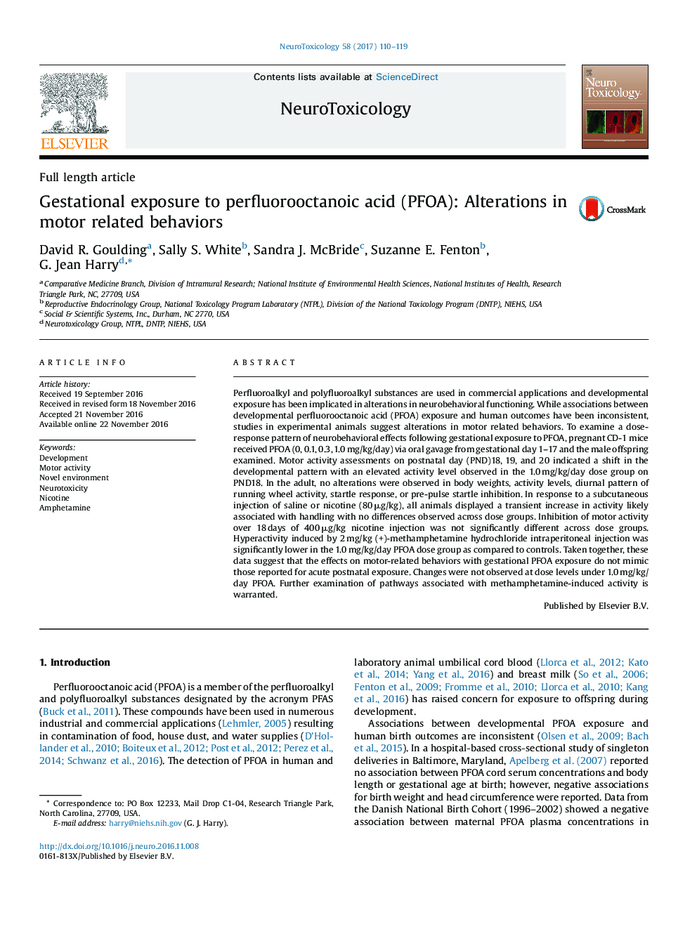 Gestational exposure to perfluorooctanoic acid (PFOA): Alterations in motor related behaviors