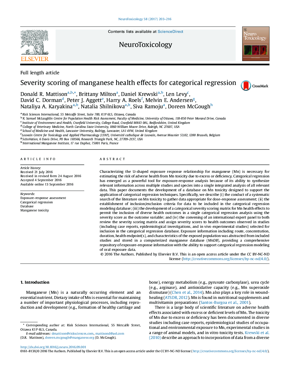 Severity scoring of manganese health effects for categorical regression