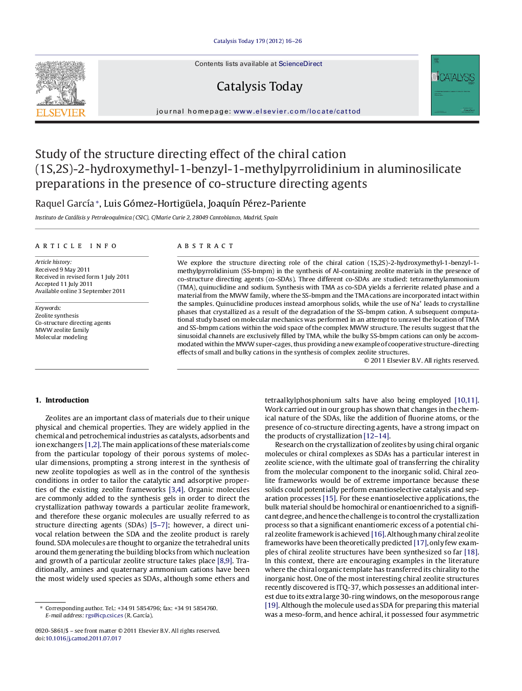 Study of the structure directing effect of the chiral cation (1S,2S)-2-hydroxymethyl-1-benzyl-1-methylpyrrolidinium in aluminosilicate preparations in the presence of co-structure directing agents