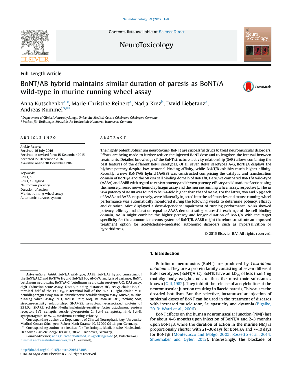 BoNT/AB hybrid maintains similar duration of paresis as BoNT/A wild-type in murine running wheel assay