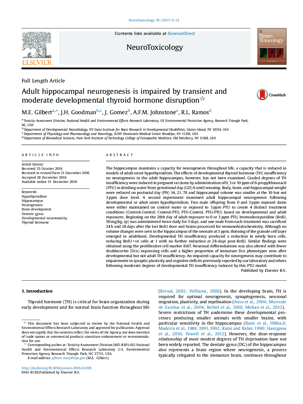 Adult hippocampal neurogenesis is impaired by transient and moderate developmental thyroid hormone disruption