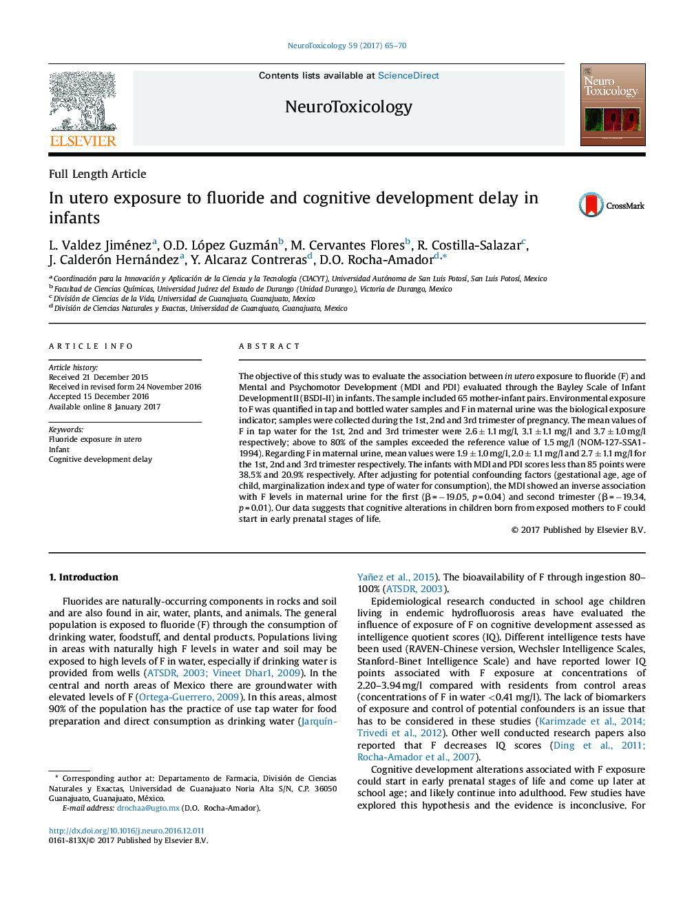 In utero exposure to fluoride and cognitive development delay in infants