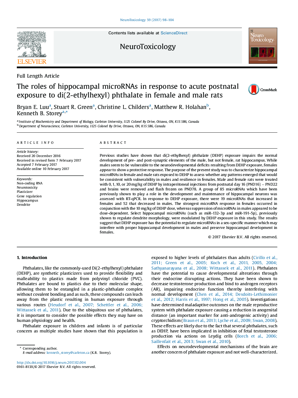 The roles of hippocampal microRNAs in response to acute postnatal exposure to di(2-ethylhexyl) phthalate in female and male rats