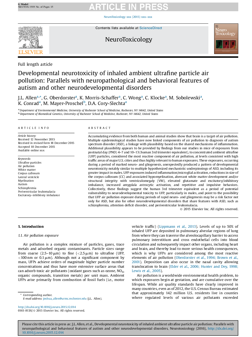 Developmental neurotoxicity of inhaled ambient ultrafine particle air pollution: Parallels with neuropathological and behavioral features of autism and other neurodevelopmental disorders