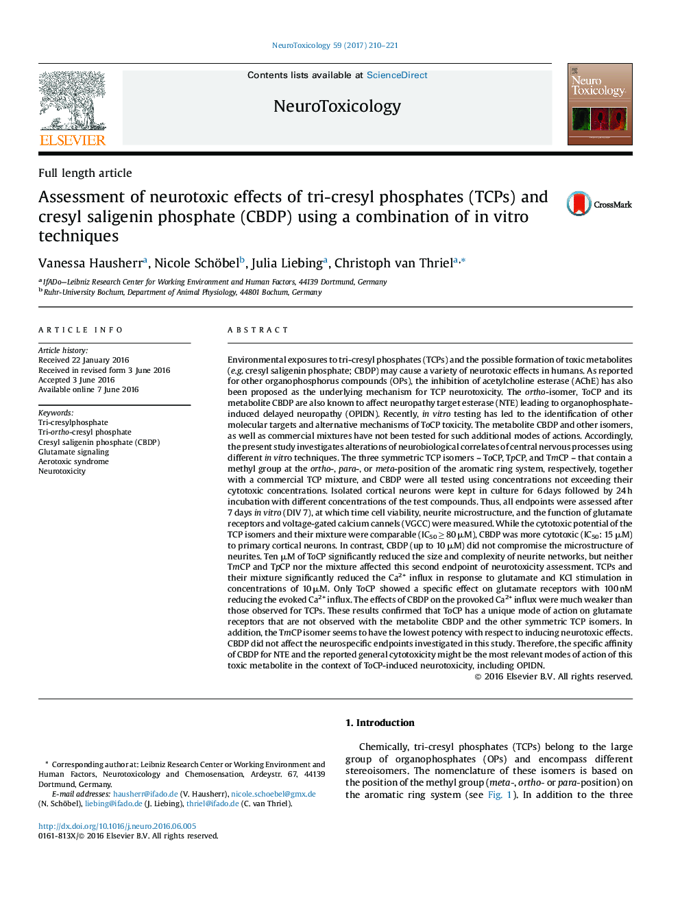 Assessment of neurotoxic effects of tri-cresyl phosphates (TCPs) and cresyl saligenin phosphate (CBDP) using a combination of in vitro techniques