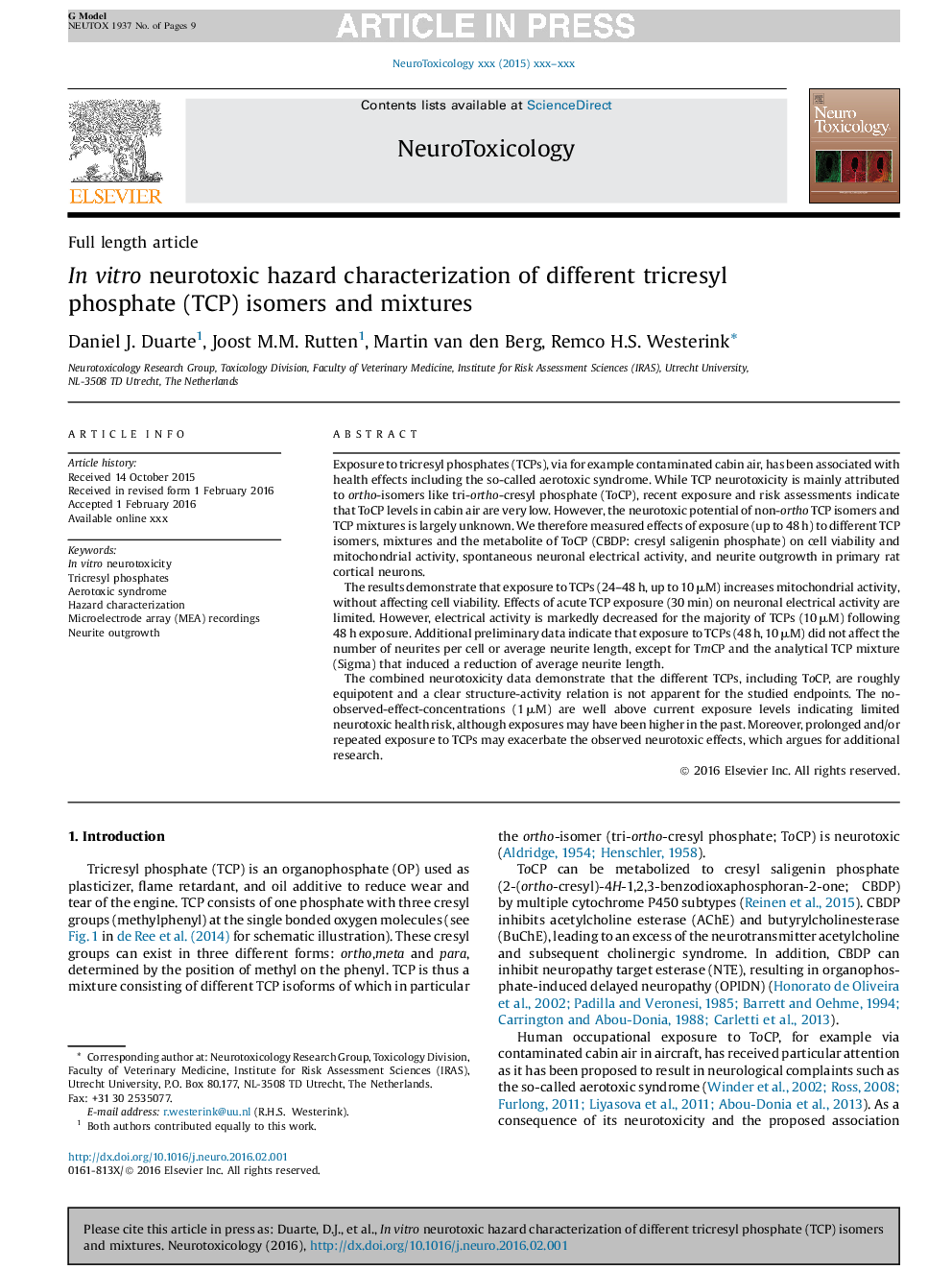 In vitro neurotoxic hazard characterization of different tricresyl phosphate (TCP) isomers and mixtures