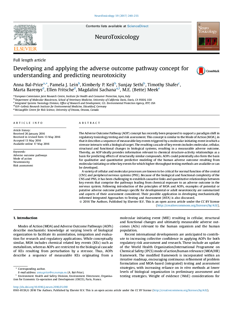 Developing and applying the adverse outcome pathway concept for understanding and predicting neurotoxicity