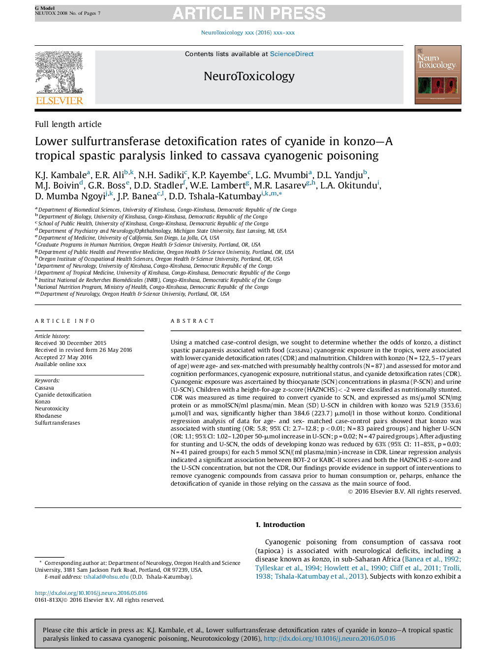 Lower sulfurtransferase detoxification rates of cyanide in konzo-A tropical spastic paralysis linked to cassava cyanogenic poisoning