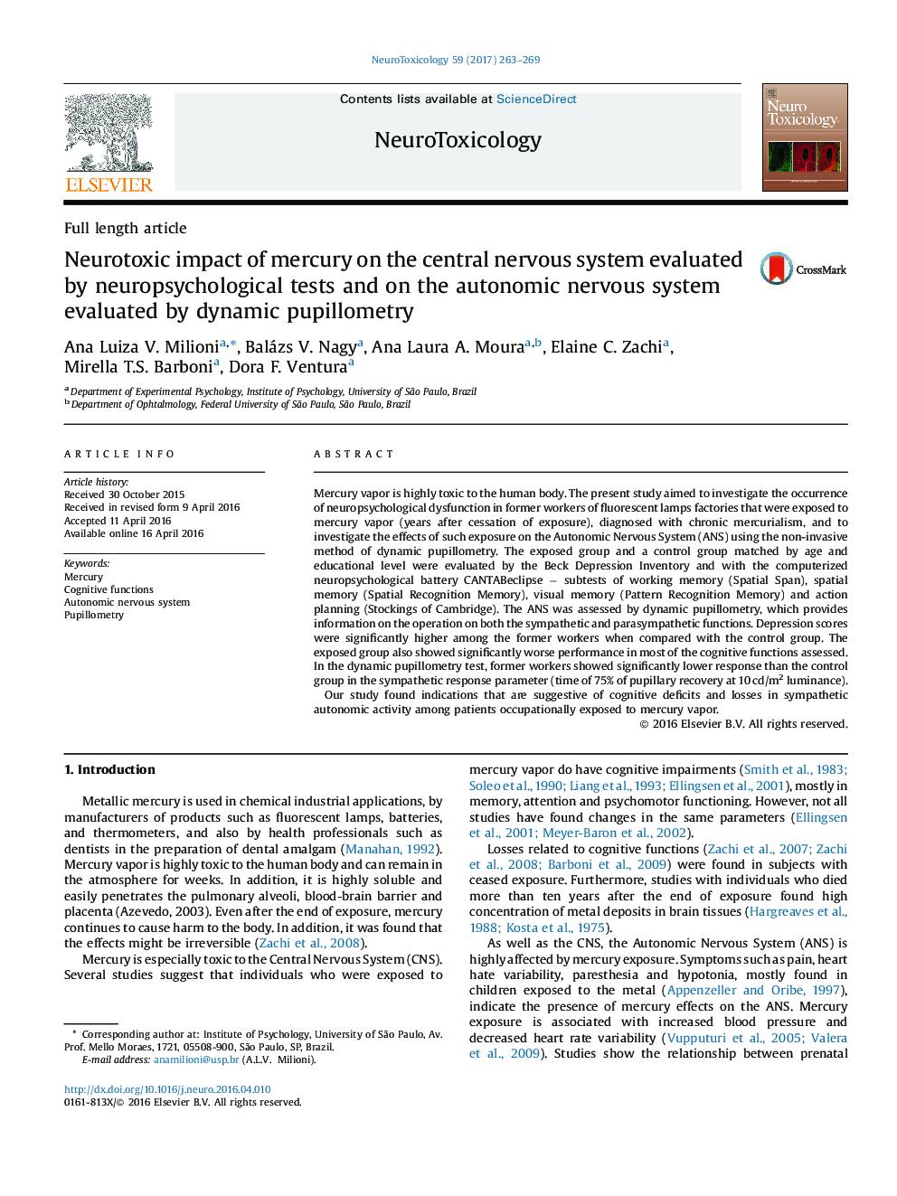 Neurotoxic impact of mercury on the central nervous system evaluated by neuropsychological tests and on the autonomic nervous system evaluated by dynamic pupillometry