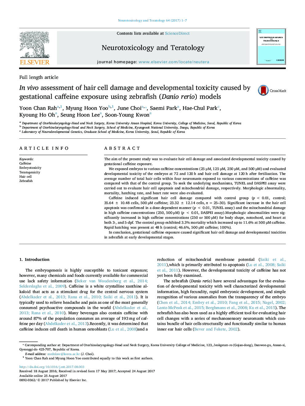 In vivo assessment of hair cell damage and developmental toxicity caused by gestational caffeine exposure using zebrafish (Danio rerio) models