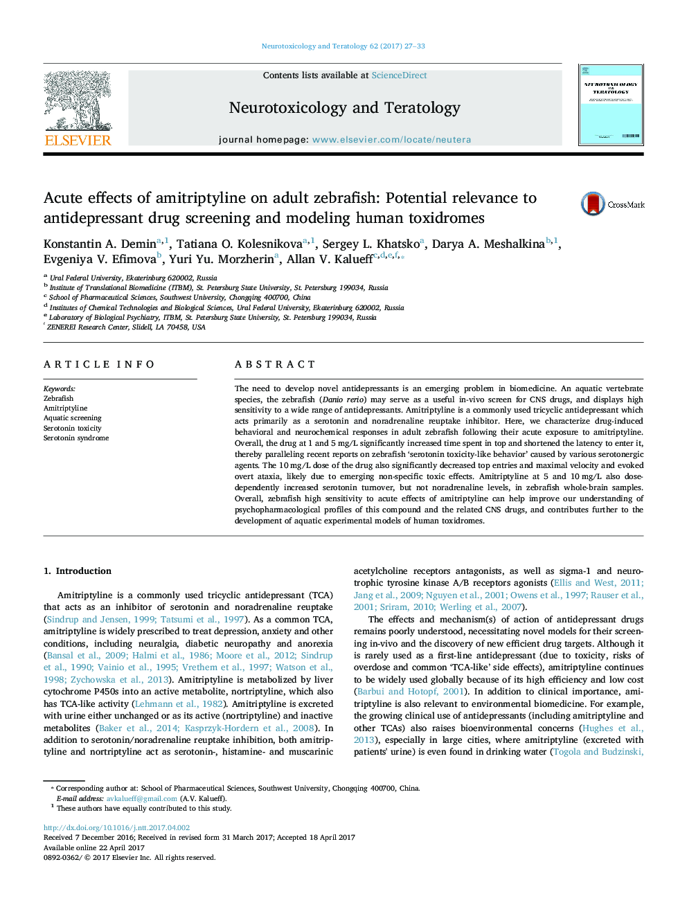 Acute effects of amitriptyline on adult zebrafish: Potential relevance to antidepressant drug screening and modeling human toxidromes