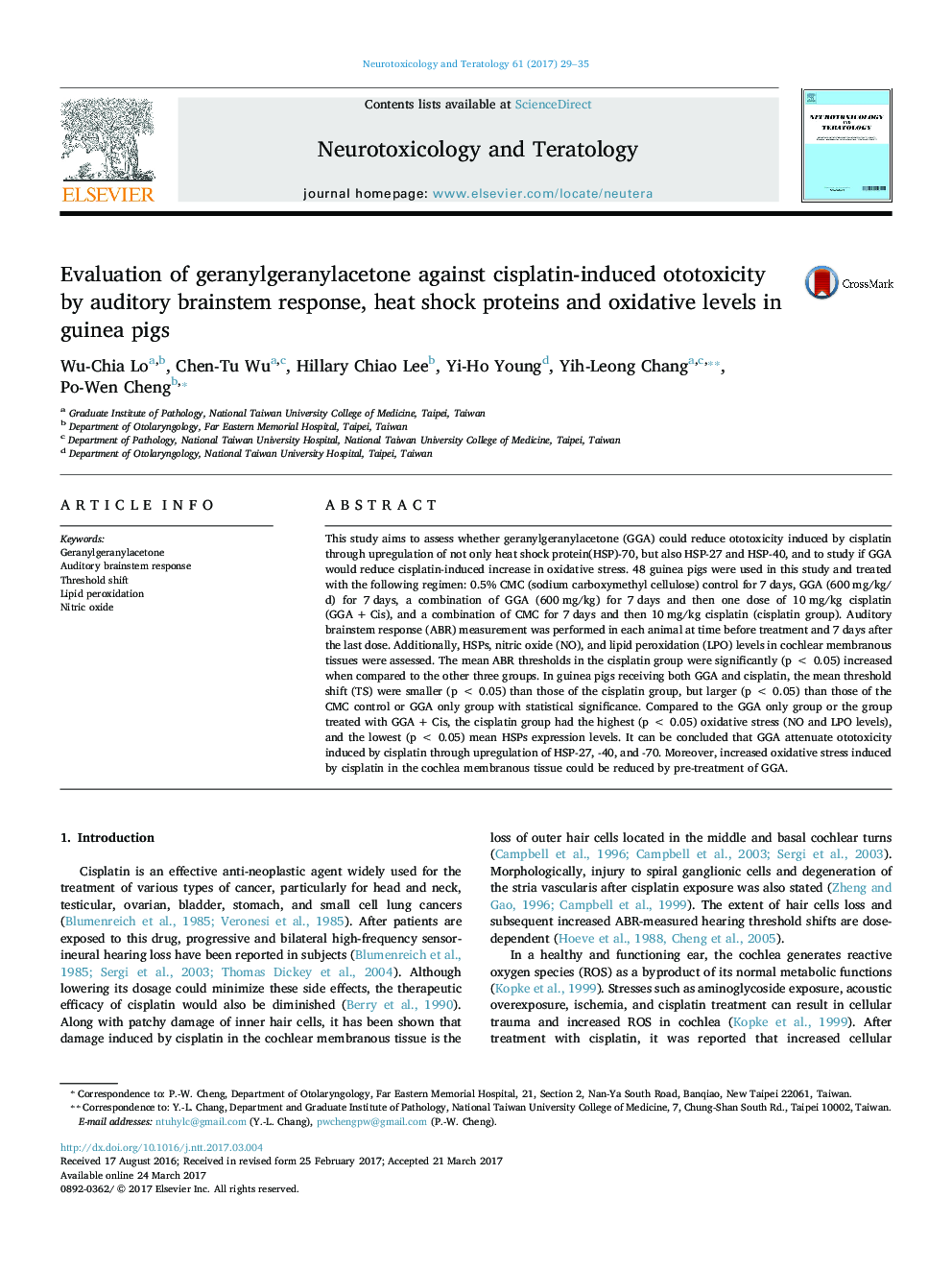 ارزیابی ژرانیل گرانیل آستون در برابر اتوتوکسیسیت ناشی از سیس پلاتین با پاسخ شنوایی مغز، پروتئین شوک حرارت و میزان اکسیداتیو در خوکچه های دریایی 
