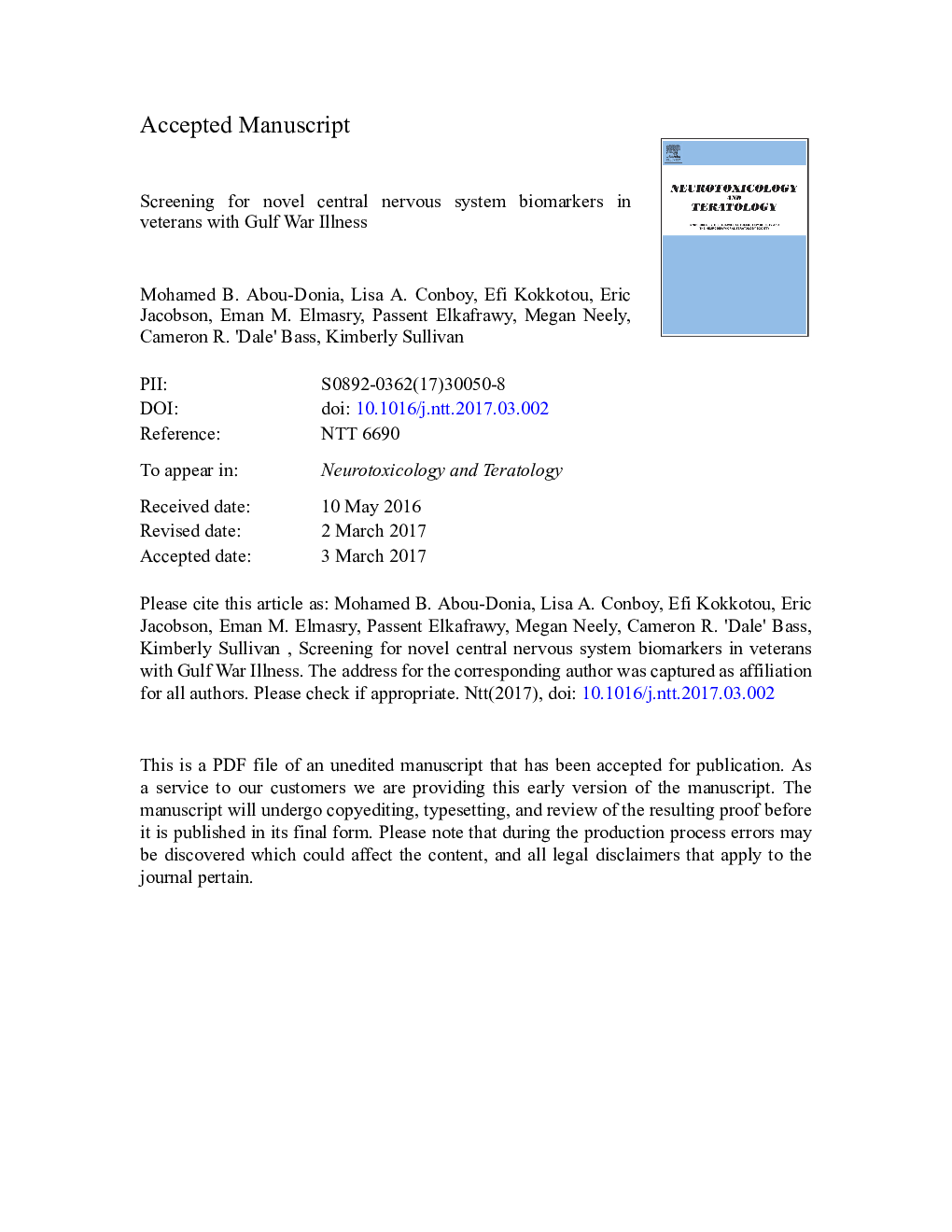 Screening for novel central nervous system biomarkers in veterans with Gulf War Illness