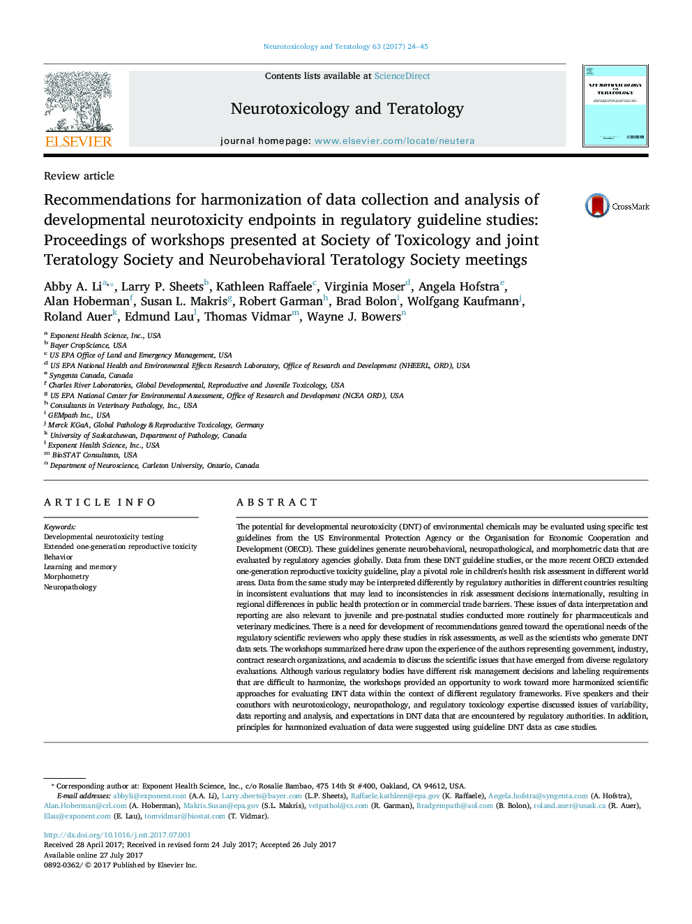 Recommendations for harmonization of data collection and analysis of developmental neurotoxicity endpoints in regulatory guideline studies: Proceedings of workshops presented at Society of Toxicology and joint Teratology Society and Neurobehavioral Terato