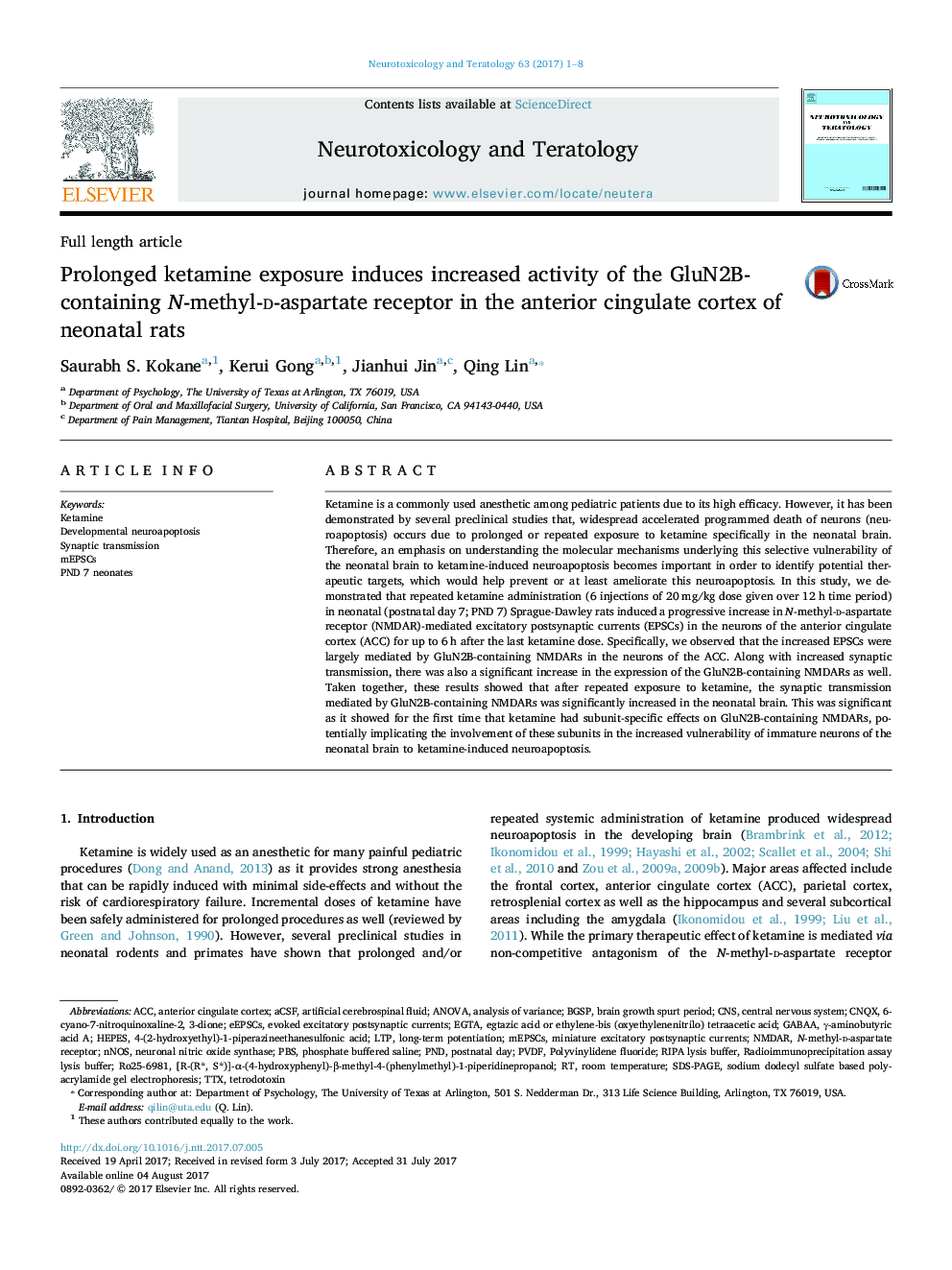 Prolonged ketamine exposure induces increased activity of the GluN2B-containing N-methyl-d-aspartate receptor in the anterior cingulate cortex of neonatal rats