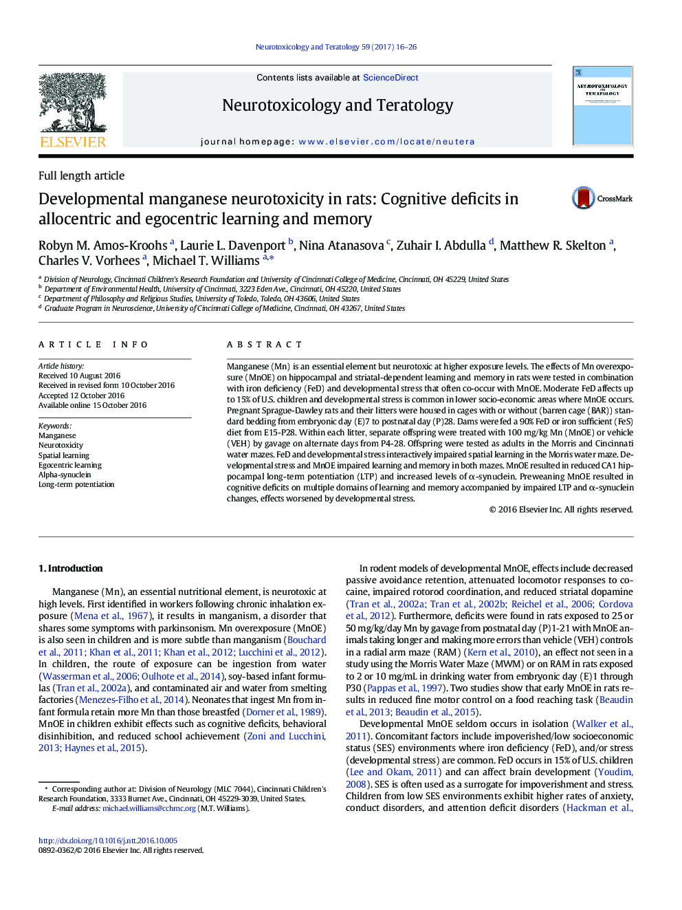 Developmental manganese neurotoxicity in rats: Cognitive deficits in allocentric and egocentric learning and memory