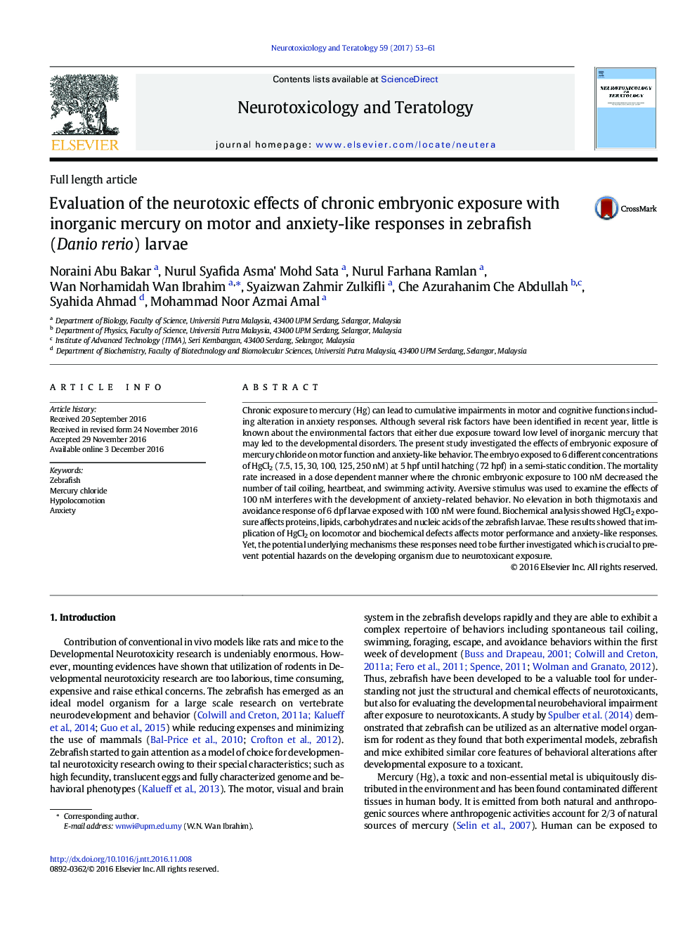 Evaluation of the neurotoxic effects of chronic embryonic exposure with inorganic mercury on motor and anxiety-like responses in zebrafish (Danio rerio) larvae