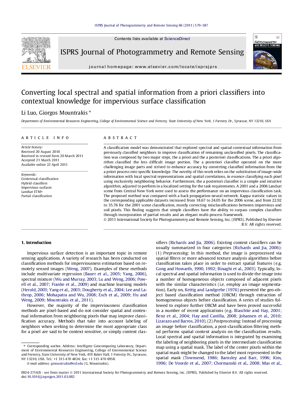 Converting local spectral and spatial information from a priori classifiers into contextual knowledge for impervious surface classification