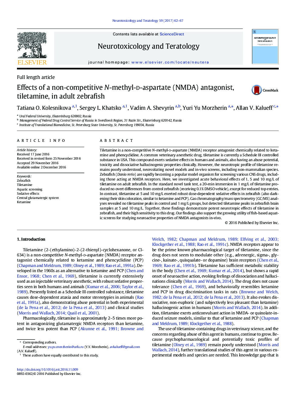 Effects of a non-competitive N-methyl-d-aspartate (NMDA) antagonist, tiletamine, in adult zebrafish