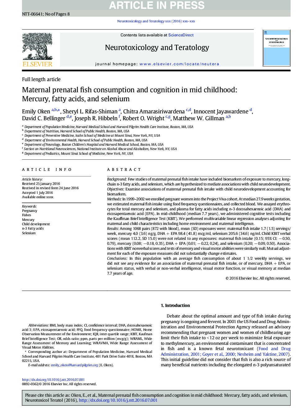 Maternal prenatal fish consumption and cognition in mid childhood: Mercury, fatty acids, and selenium